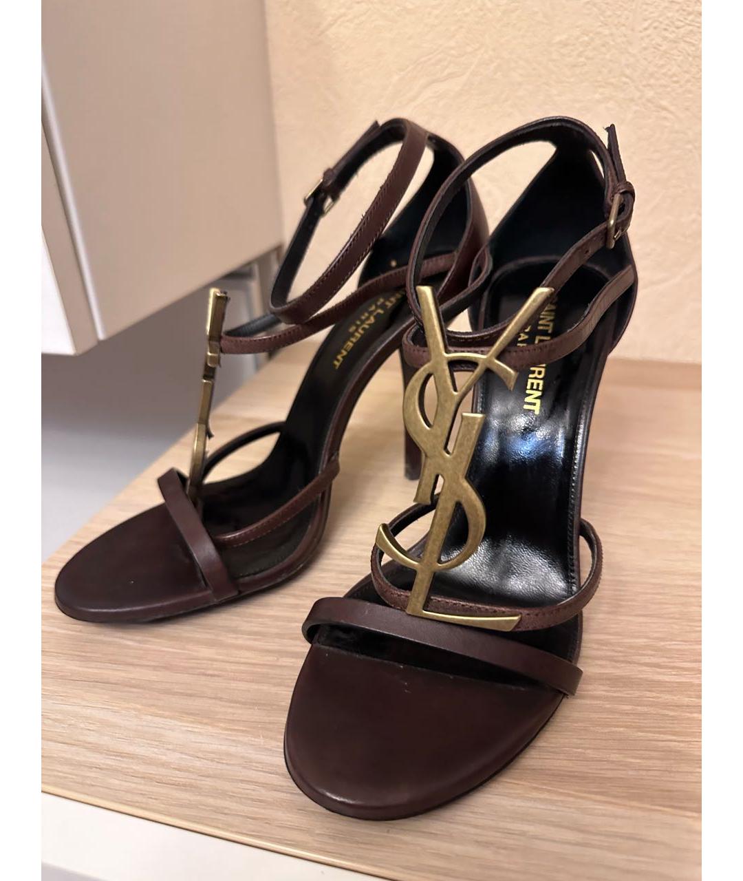 SAINT LAURENT Коричневые кожаные босоножки, фото 6