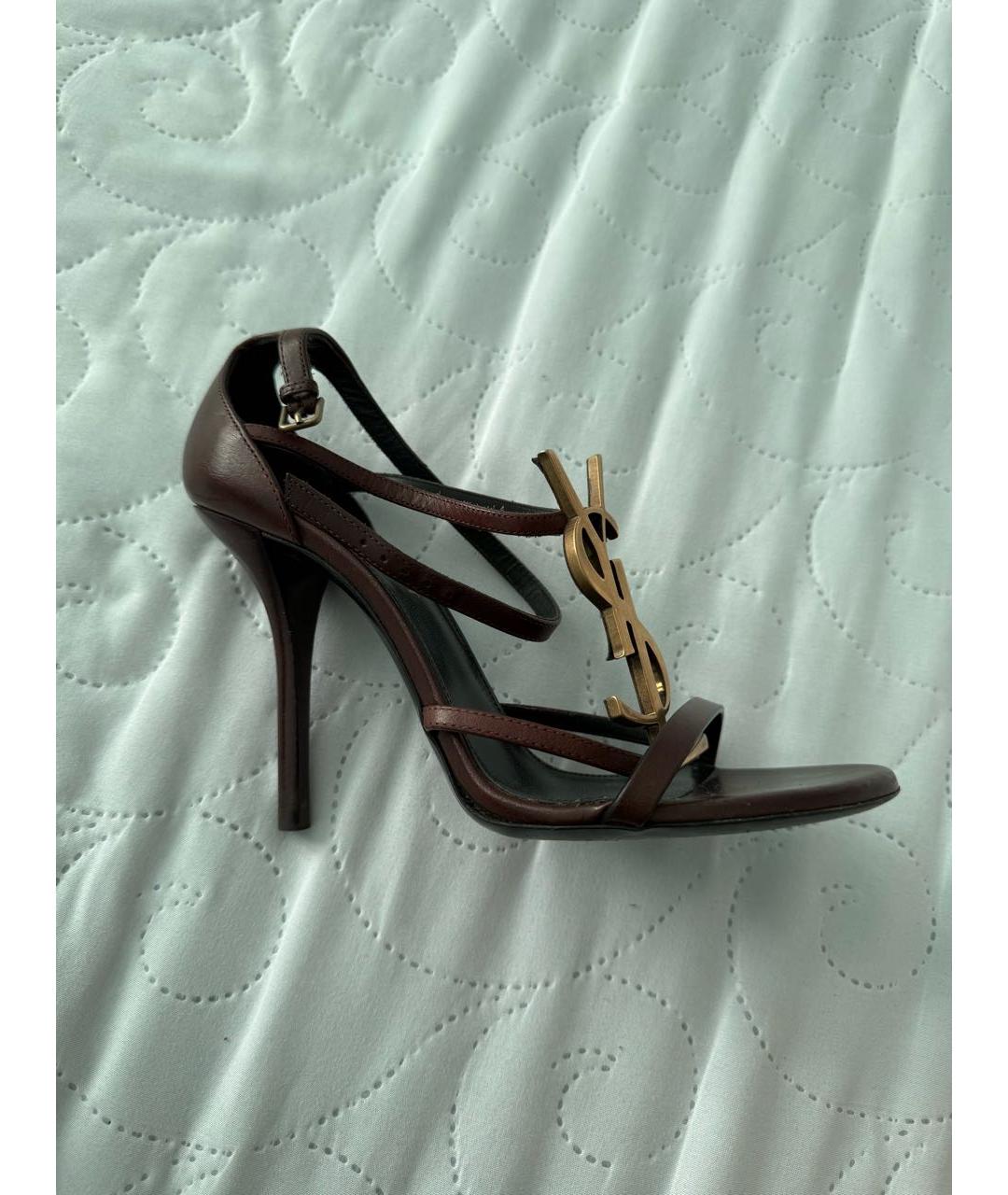 SAINT LAURENT Коричневые кожаные босоножки, фото 8