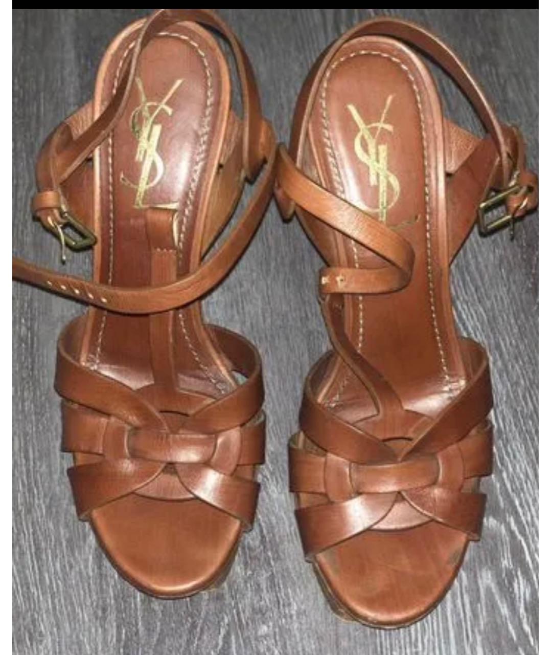 SAINT LAURENT Коричневые кожаные босоножки, фото 2