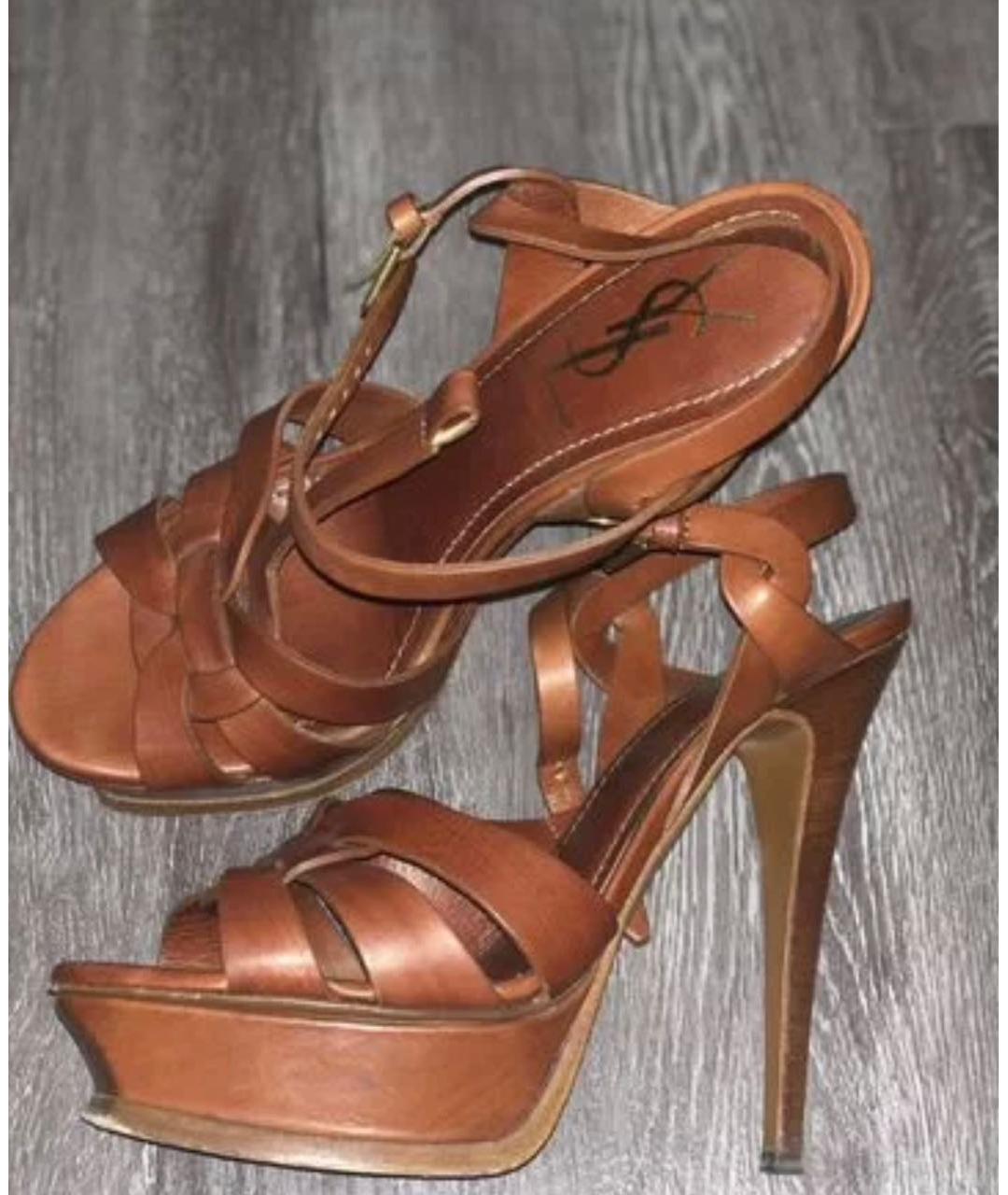 SAINT LAURENT Коричневые кожаные босоножки, фото 3