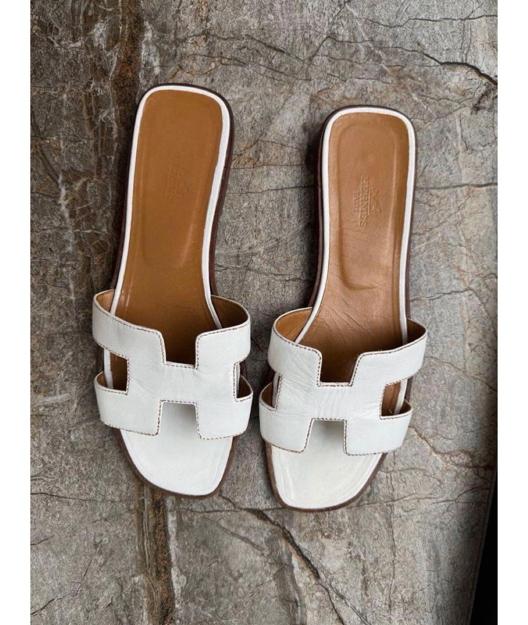 HERMES Белые кожаные шлепанцы, фото 3