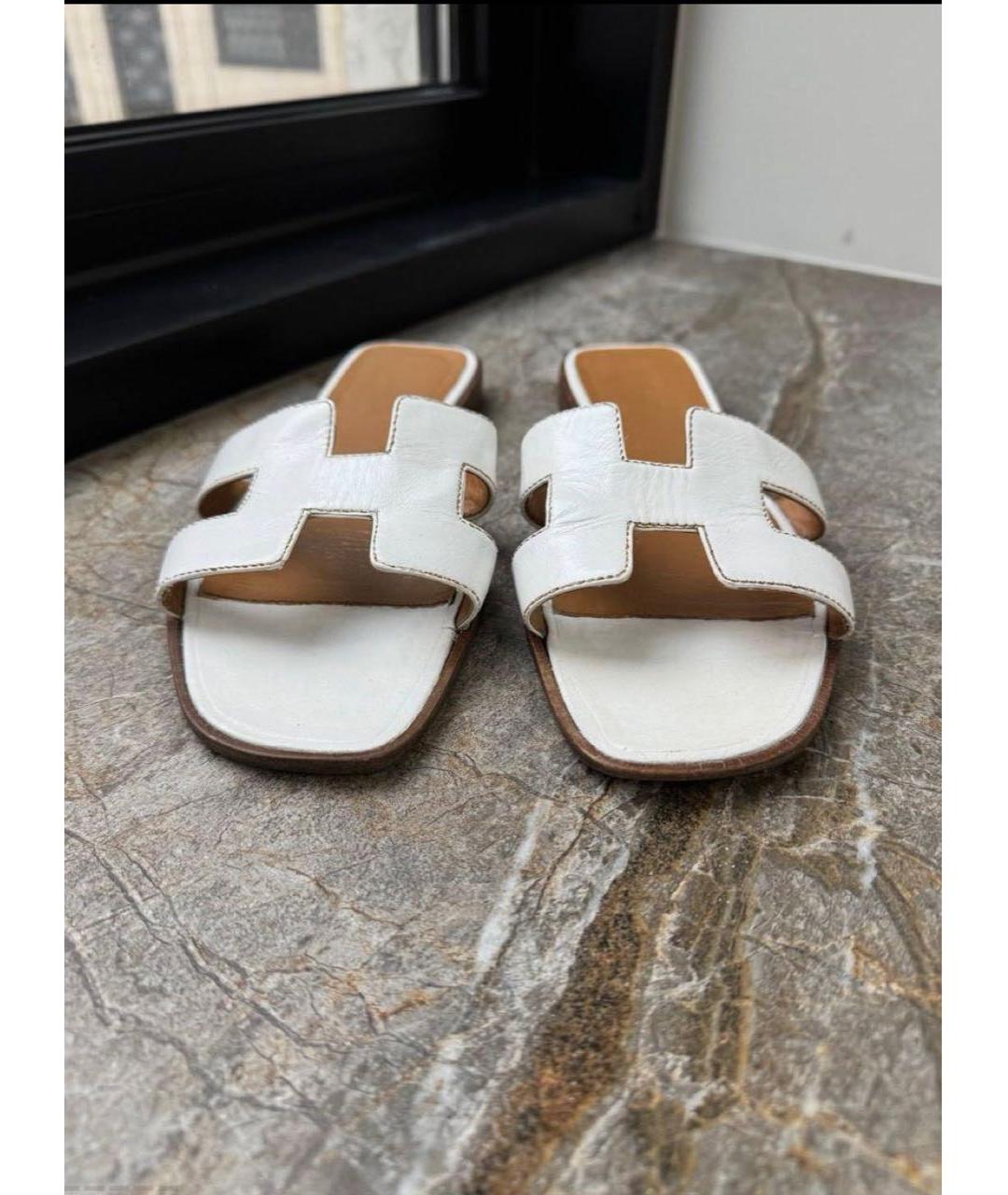 HERMES Белые кожаные шлепанцы, фото 2