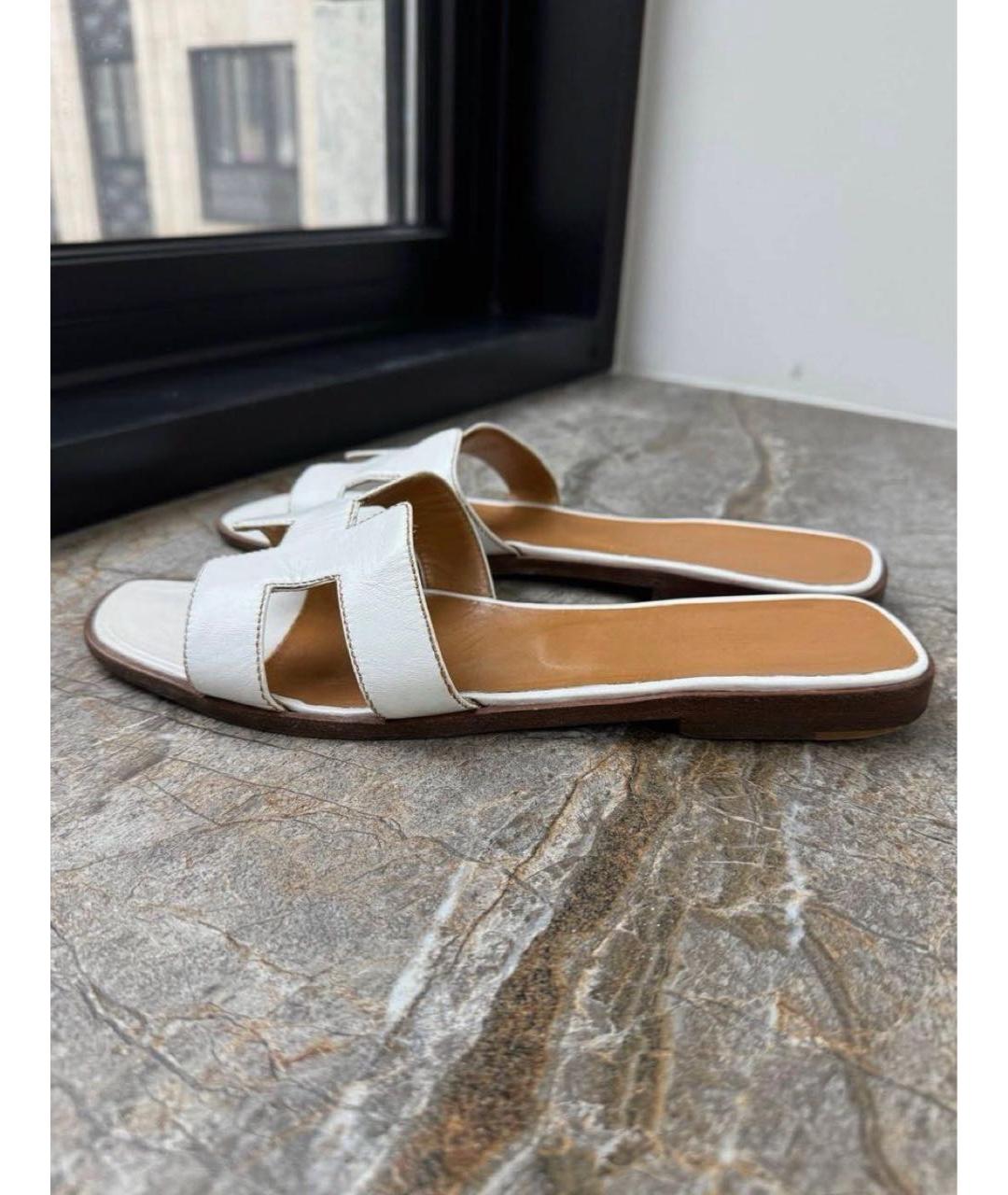 HERMES Белые кожаные шлепанцы, фото 6