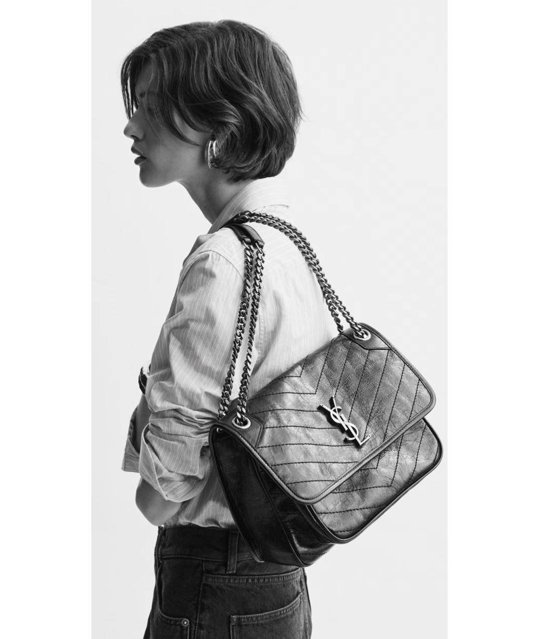 SAINT LAURENT Черная кожаная сумка с короткими ручками, фото 7