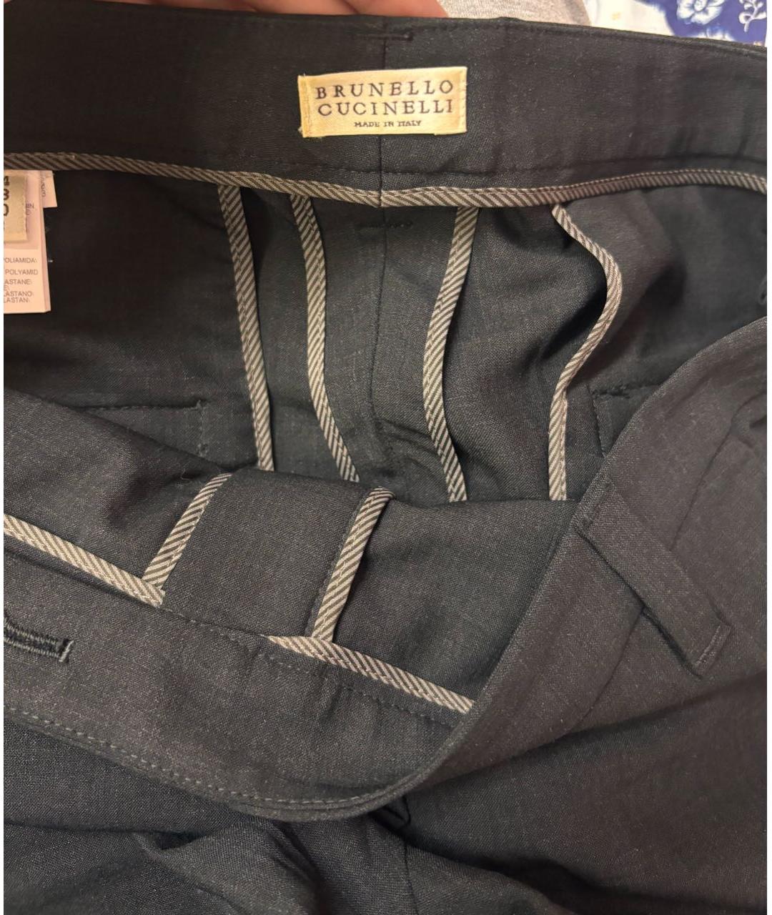 BRUNELLO CUCINELLI Антрацитовые шерстяные прямые брюки, фото 4