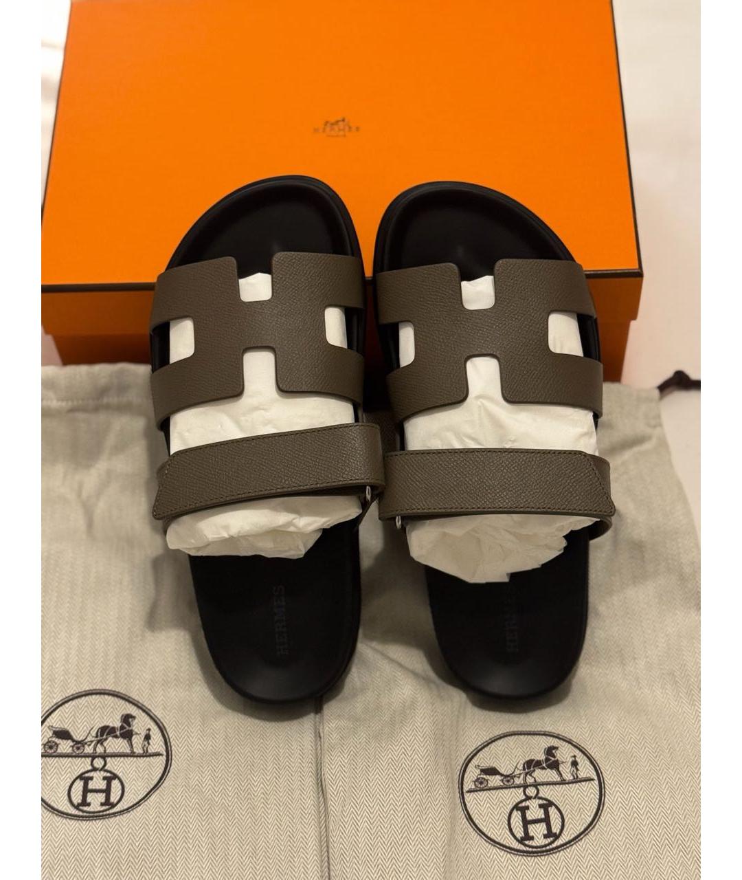 HERMES Хаки кожаные сандалии, фото 5
