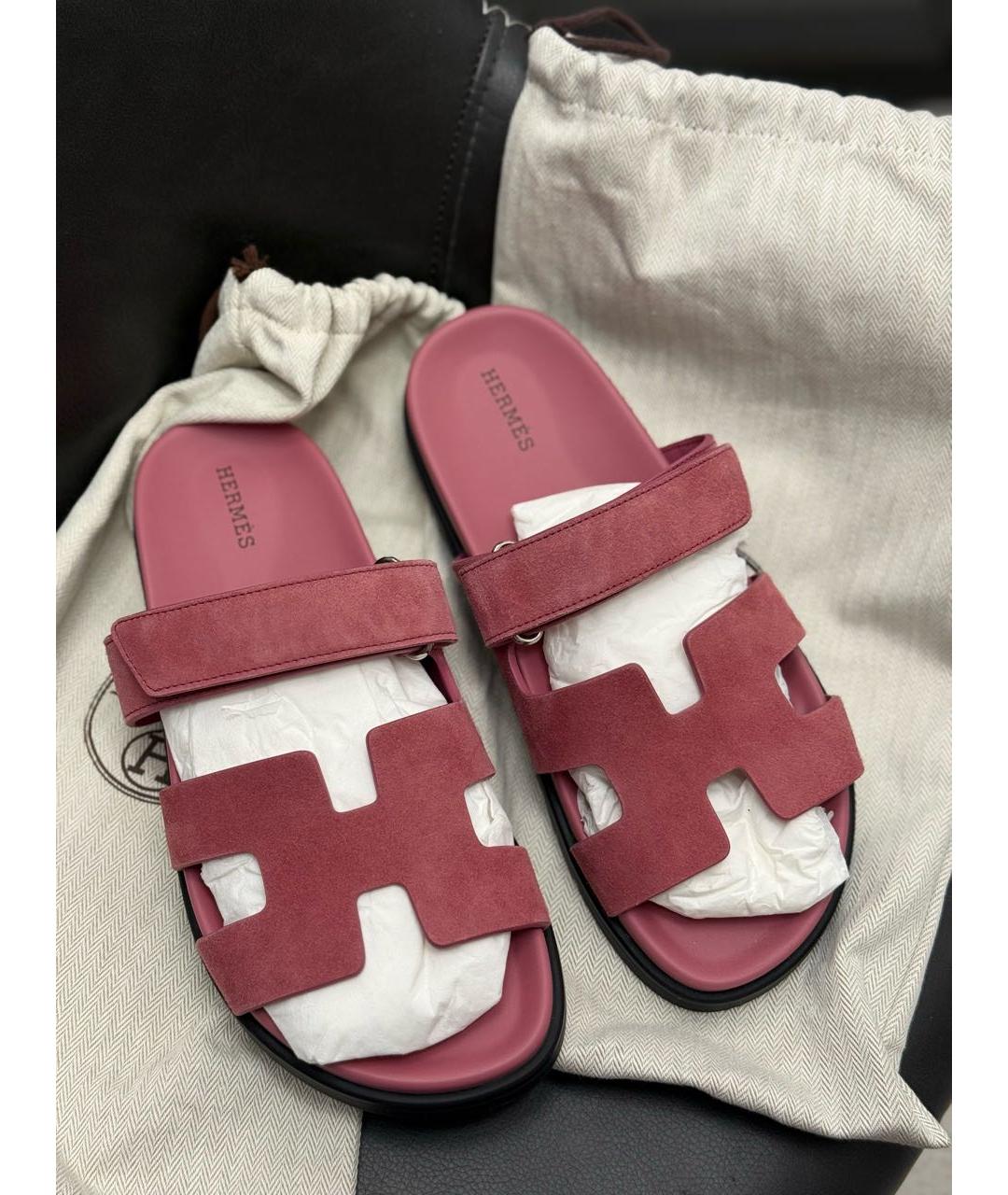 HERMES Розовые замшевые шлепанцы, фото 5