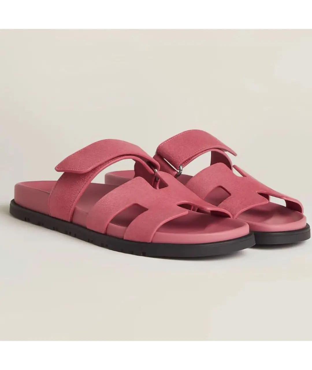 HERMES Розовые замшевые шлепанцы, фото 6