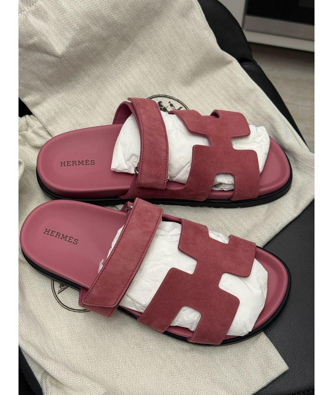 HERMES Розовые замшевые шлепанцы, фото 4