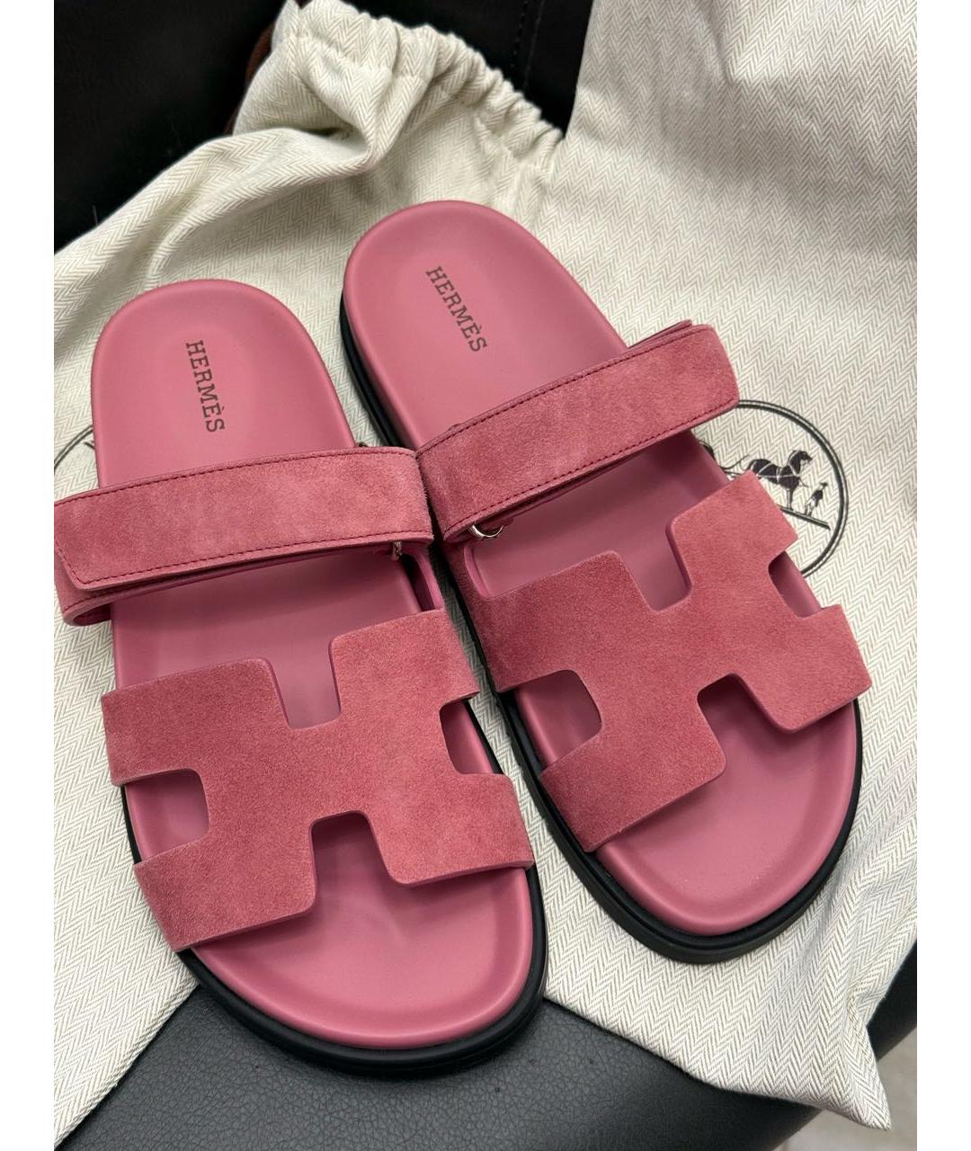 HERMES Розовые замшевые шлепанцы, фото 2
