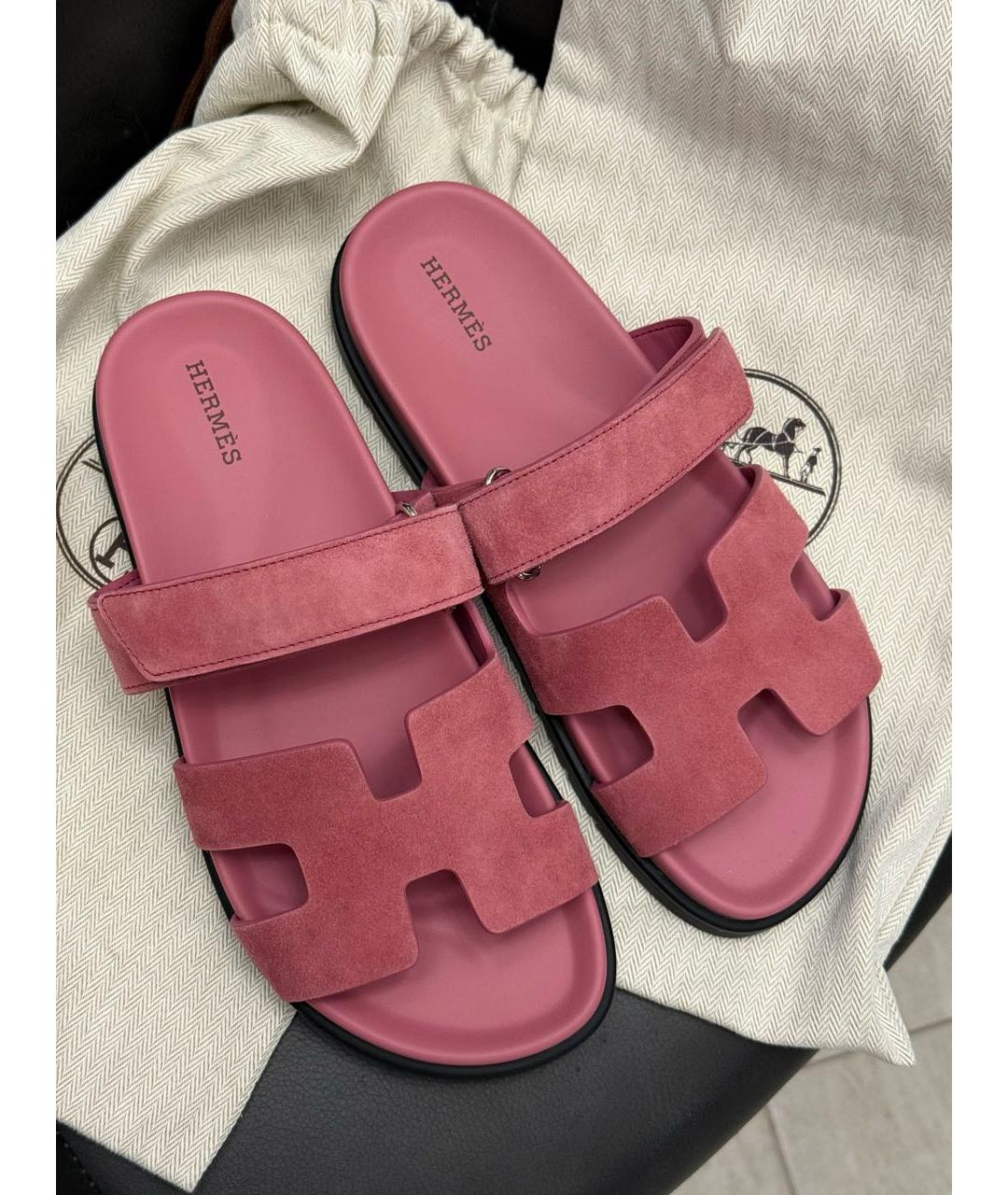 HERMES Розовые замшевые шлепанцы, фото 3