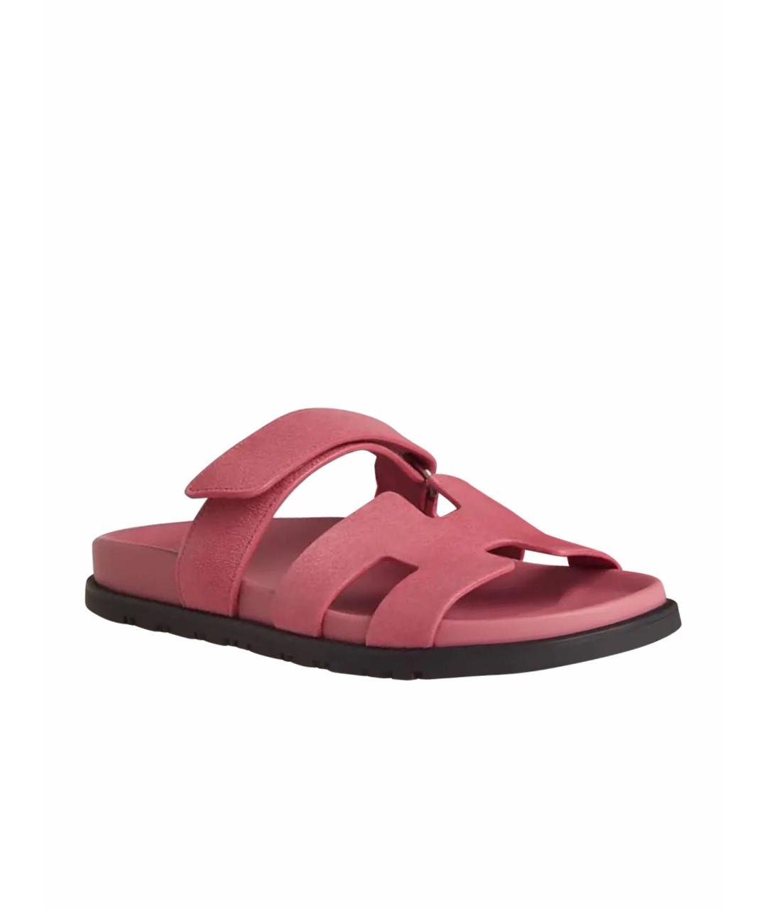 HERMES Розовые замшевые шлепанцы, фото 1