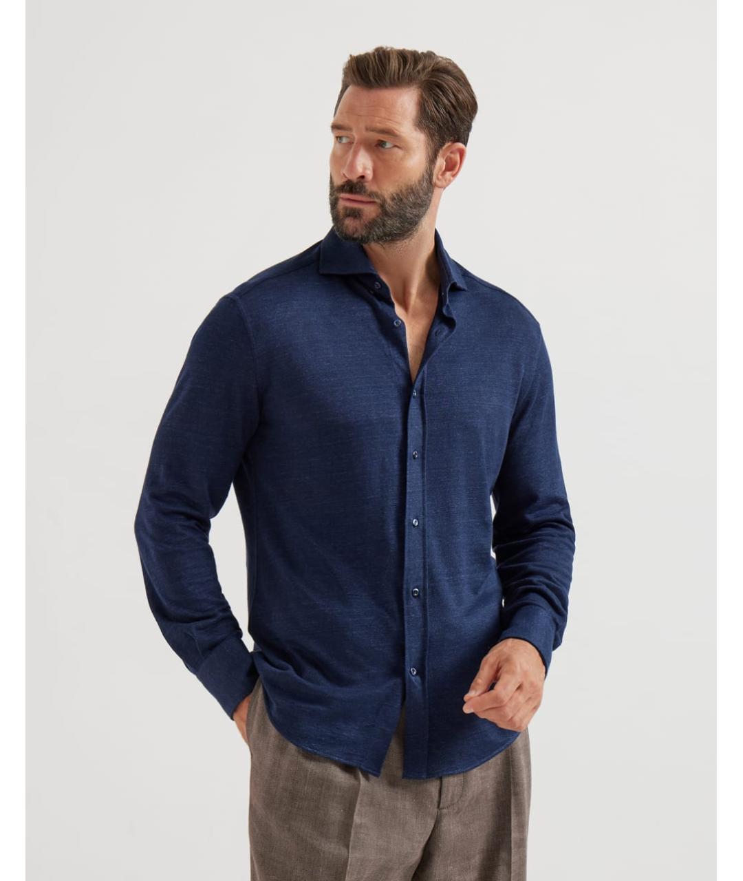 BRUNELLO CUCINELLI Синяя льняная кэжуал рубашка, фото 2