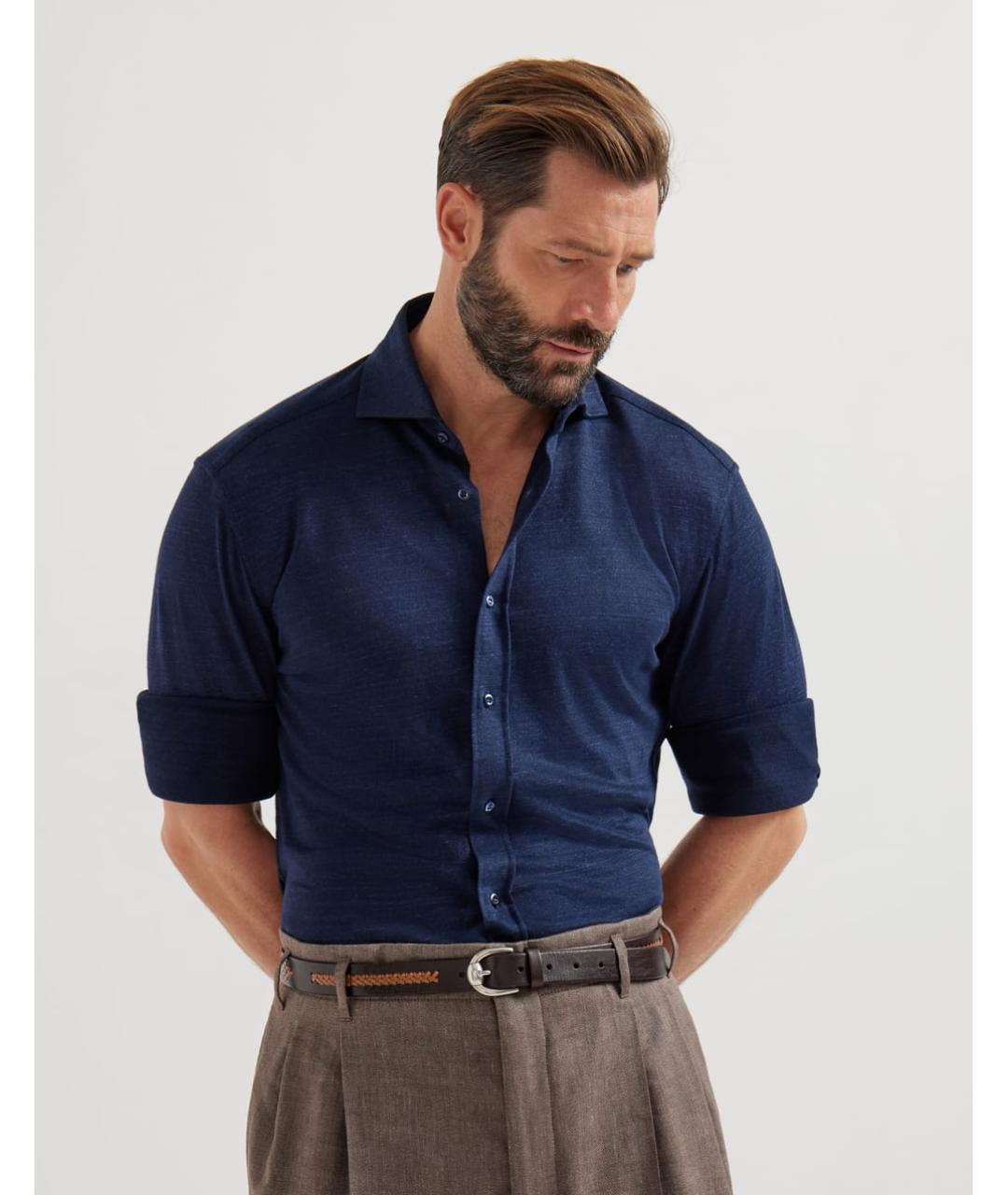 BRUNELLO CUCINELLI Синяя льняная кэжуал рубашка, фото 2