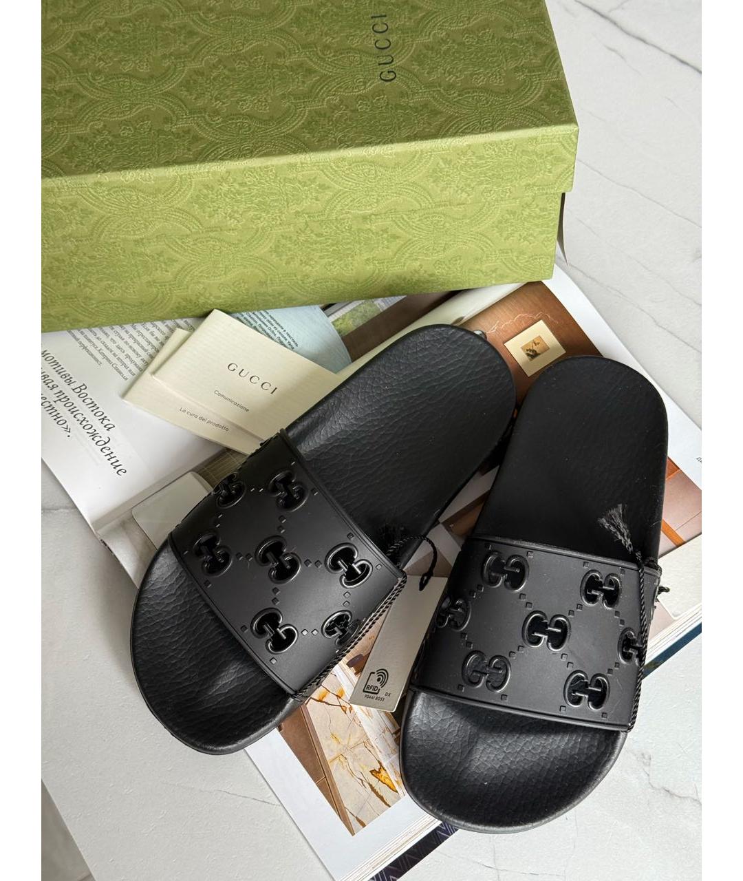 GUCCI Черные резиновые шлепанцы, фото 2