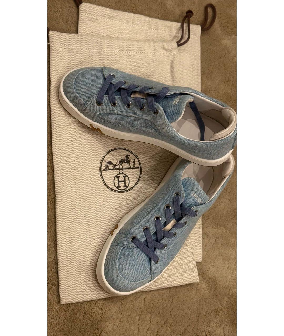 HERMES Голубые кожаные кеды, фото 2