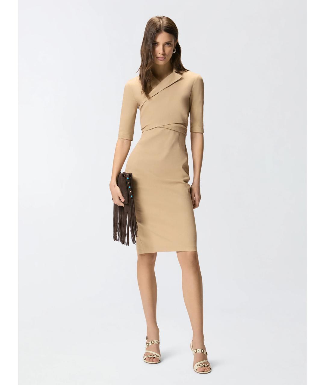 PINKO Бежевое льняное коктейльное платье, фото 2
