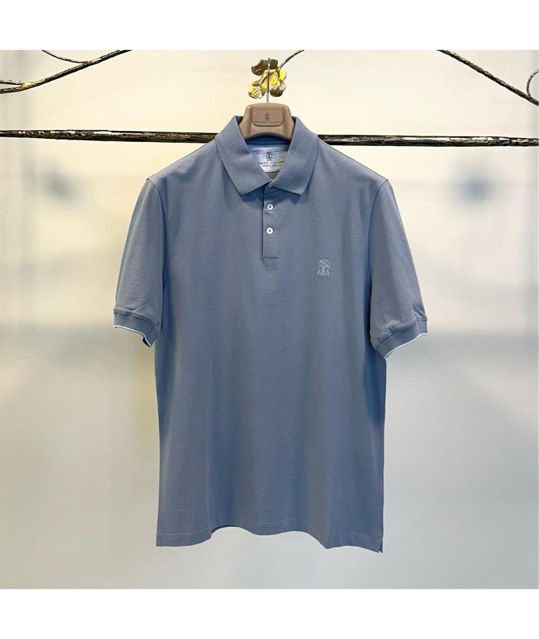 BRUNELLO CUCINELLI Голубое хлопковое поло с коротким рукавом, фото 8