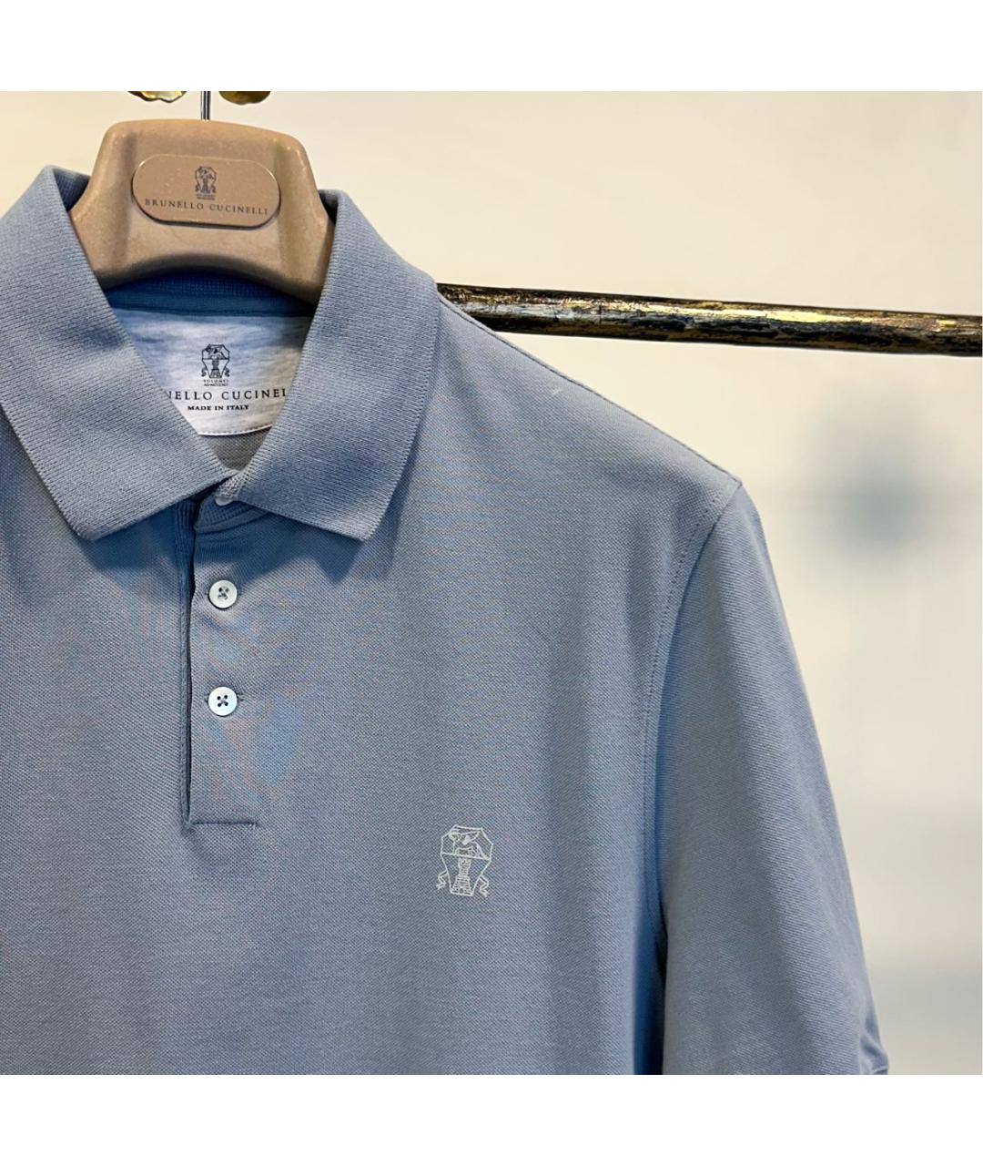 BRUNELLO CUCINELLI Голубое хлопковое поло с коротким рукавом, фото 2
