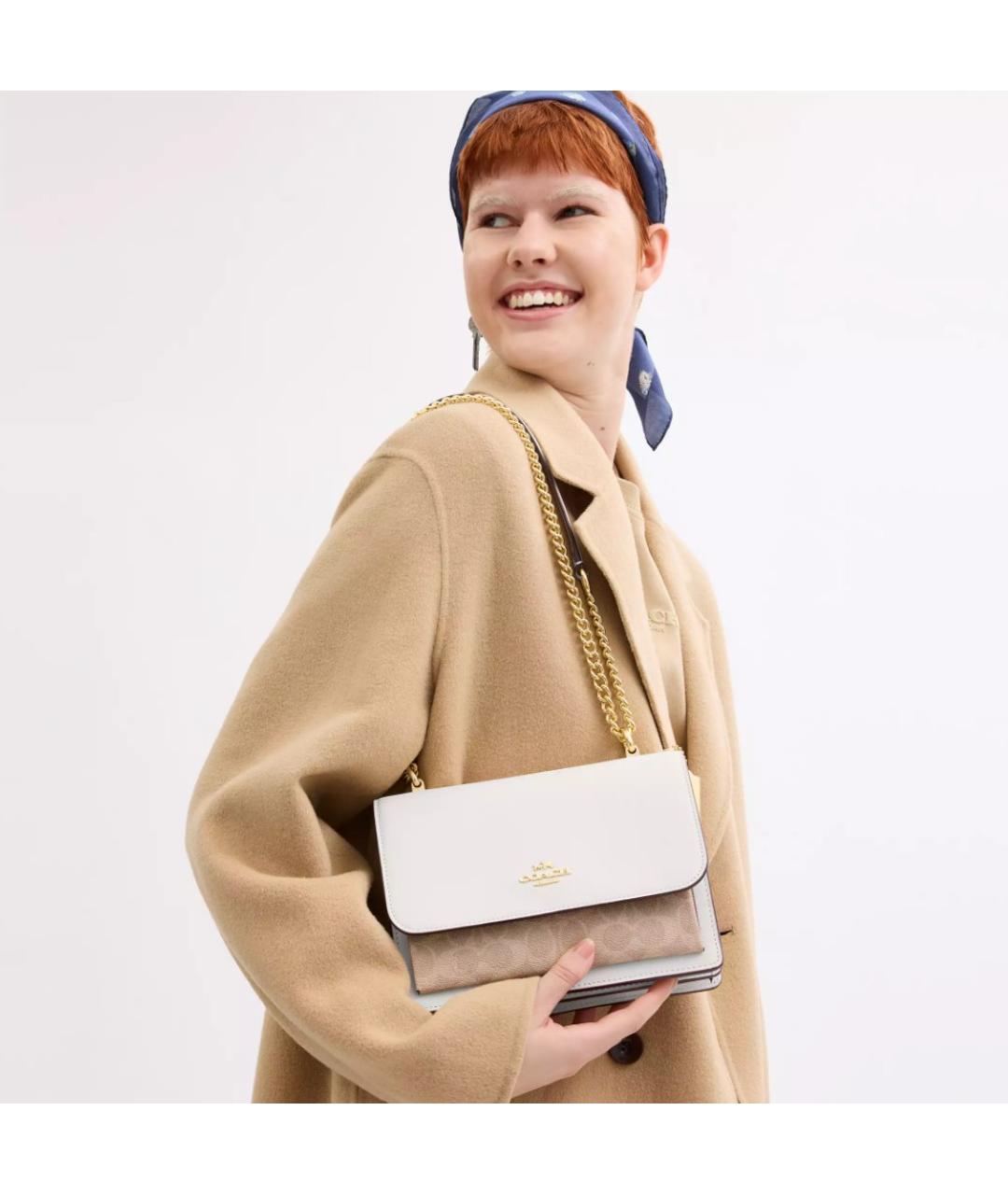 COACH Бежевая кожаная сумка через плечо, фото 4