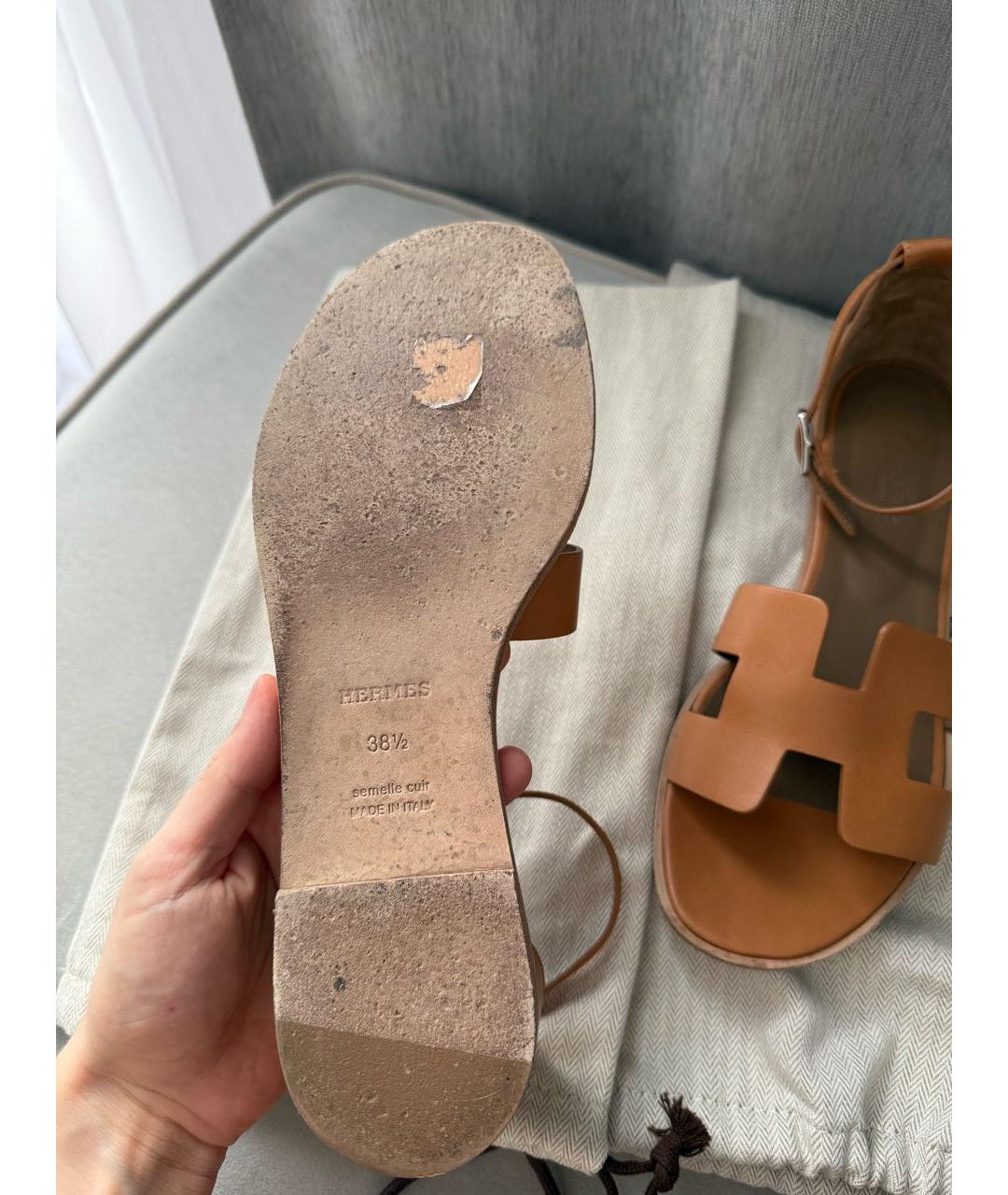 HERMES Коричневые кожаные сандалии, фото 6