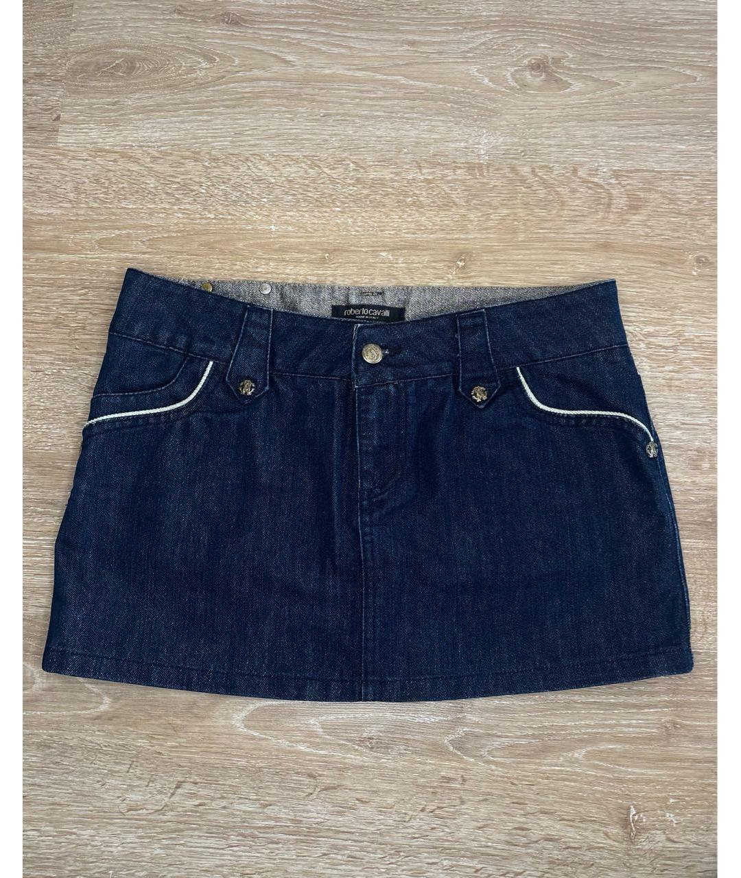 ROBERTO CAVALLI Синяя хлопко-эластановая юбка мини, фото 7