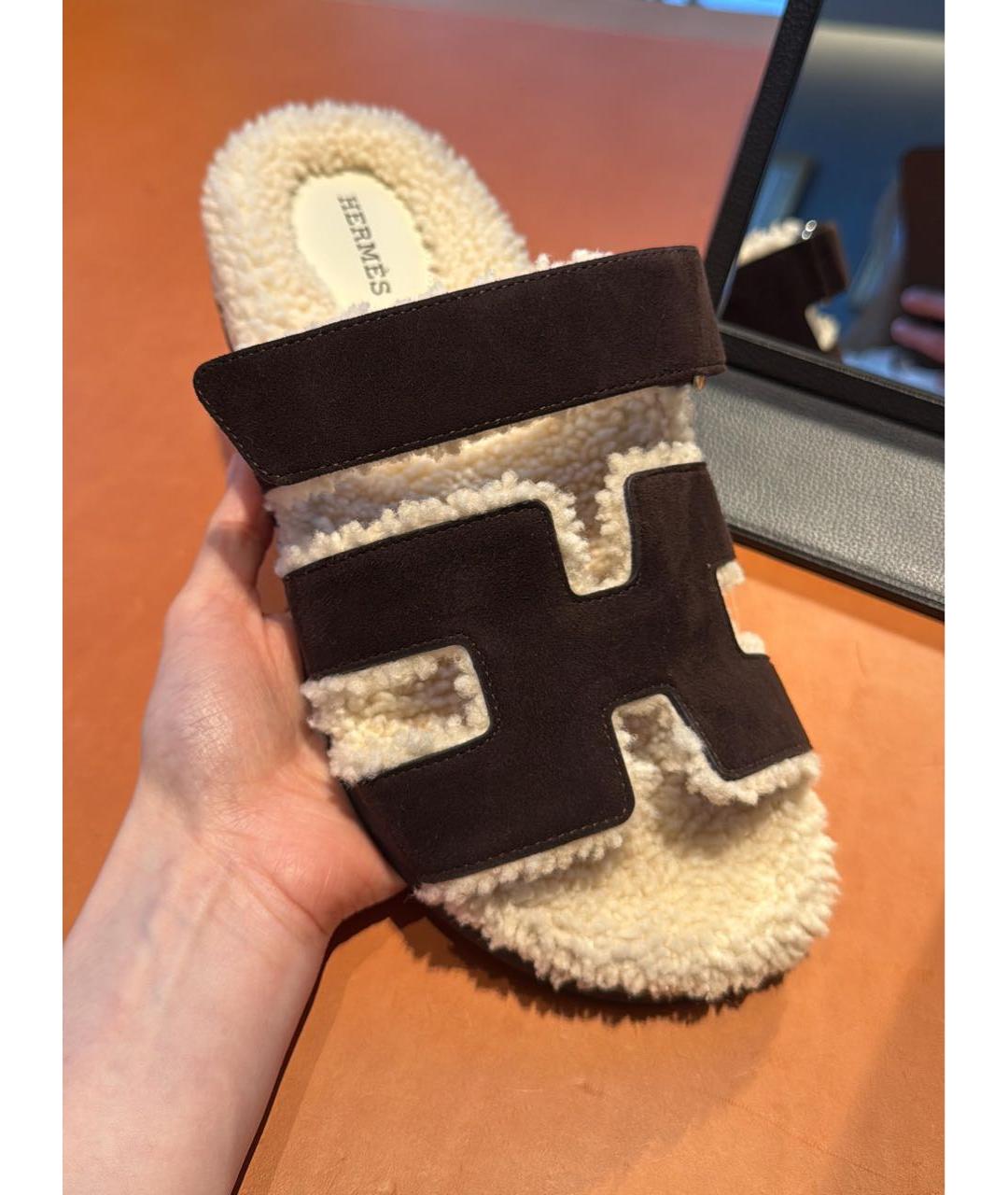 HERMES Коричневые замшевые шлепанцы, фото 5