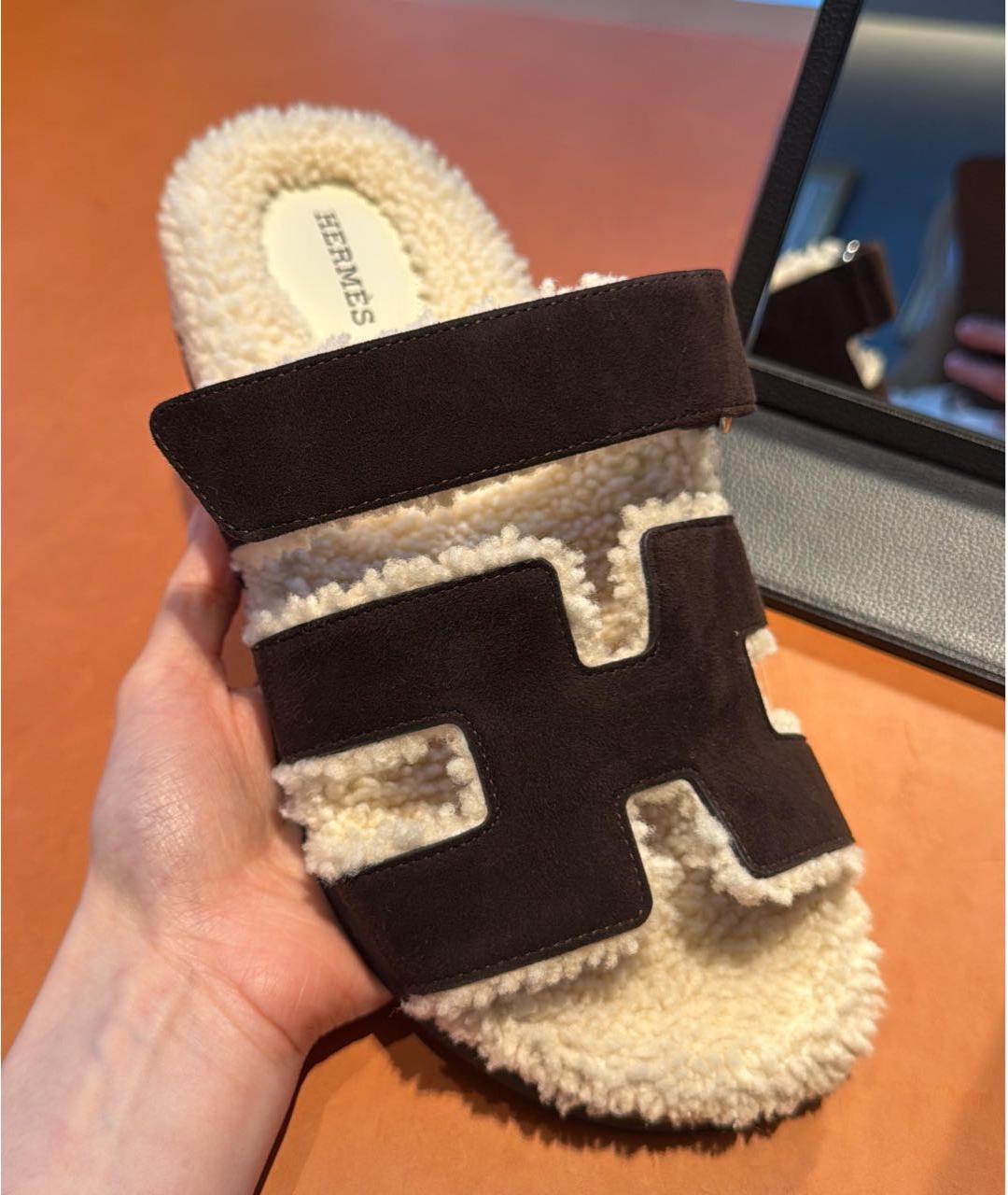 HERMES Коричневые замшевые шлепанцы, фото 4