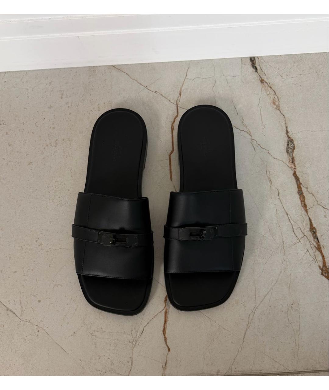 HERMES Черные кожаные шлепанцы, фото 2