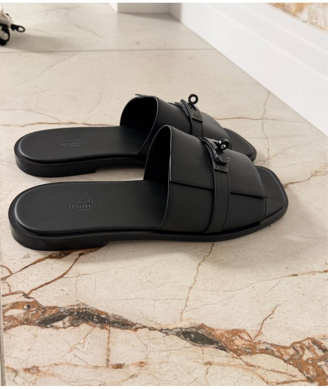 HERMES Черные кожаные шлепанцы, фото 6