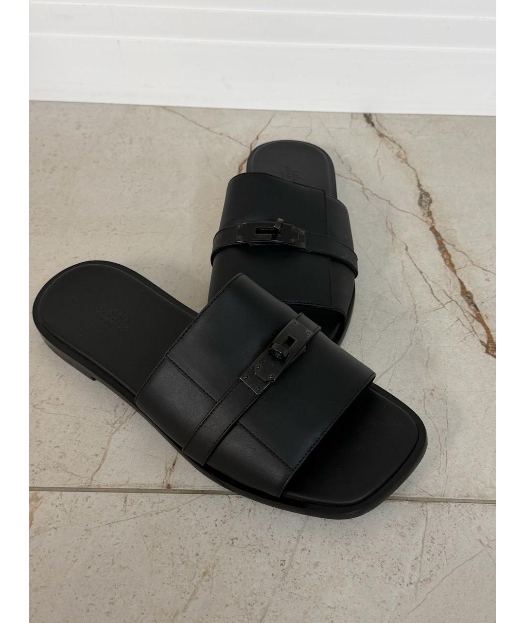 HERMES Черные кожаные шлепанцы, фото 5