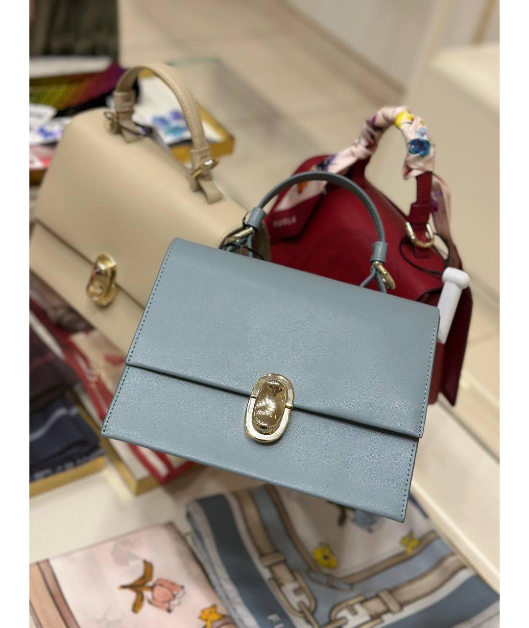 FURLA Голубая кожаная сумка с короткими ручками, фото 6