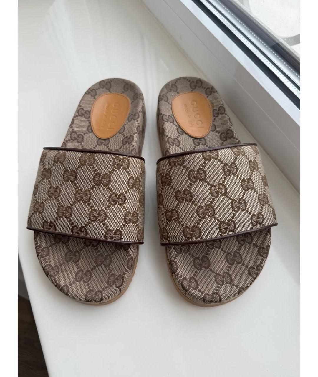 GUCCI Коричневые текстильные шлепанцы, фото 2