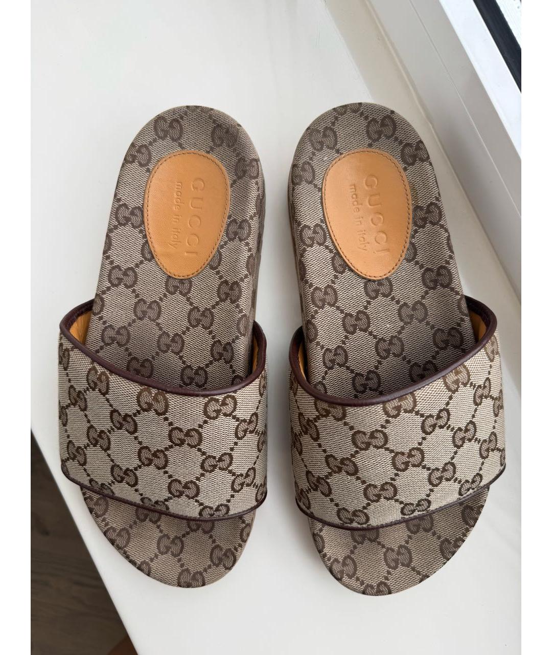GUCCI Коричневые текстильные шлепанцы, фото 3
