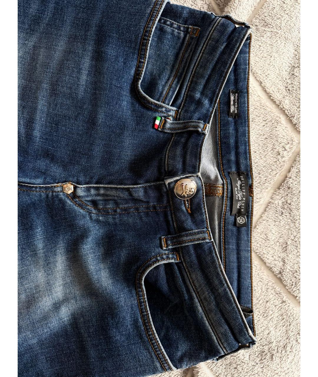 PHILIPP PLEIN Синие хлопко-эластановые джинсы слим, фото 3