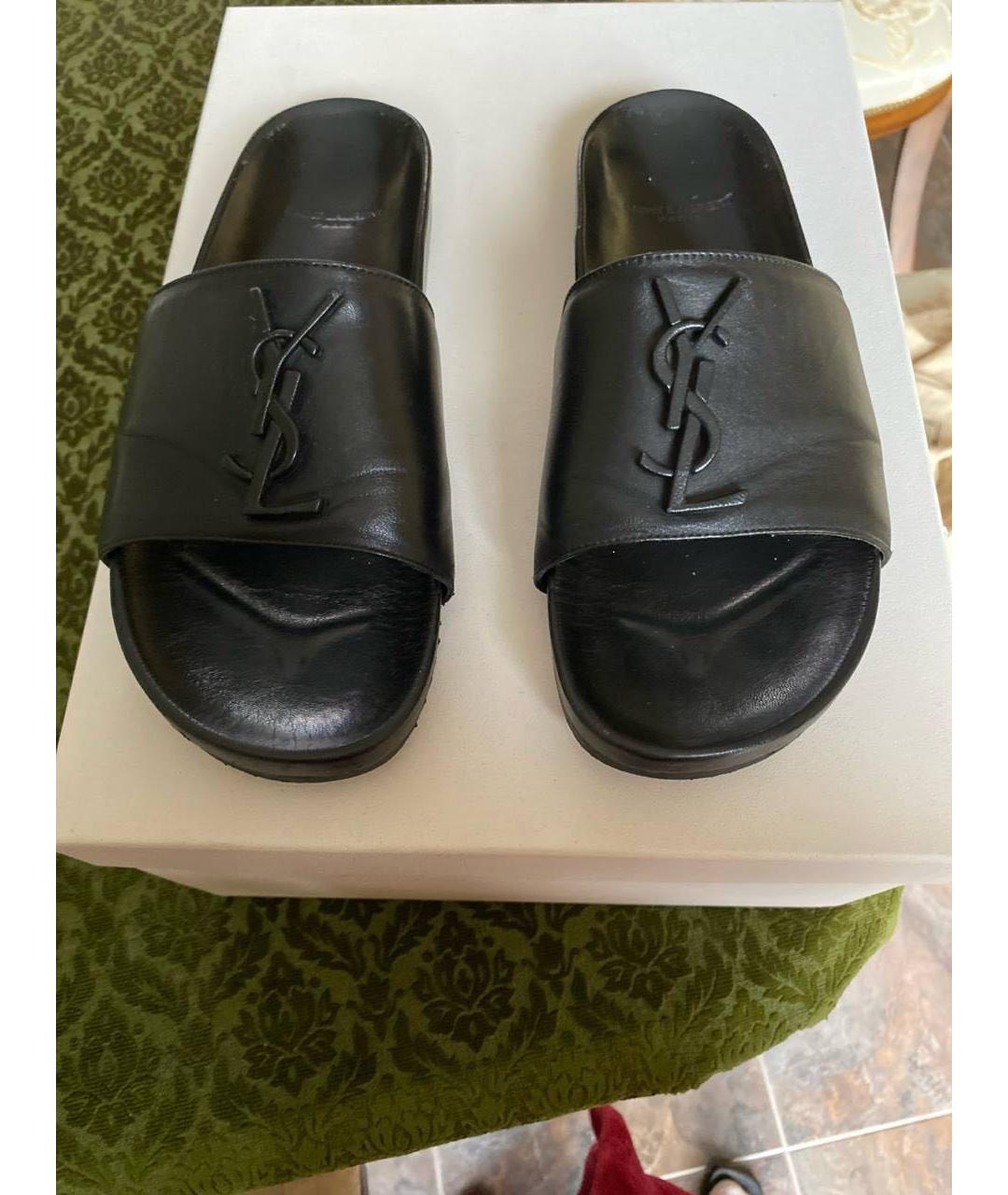 SAINT LAURENT Черные кожаные шлепанцы, фото 2