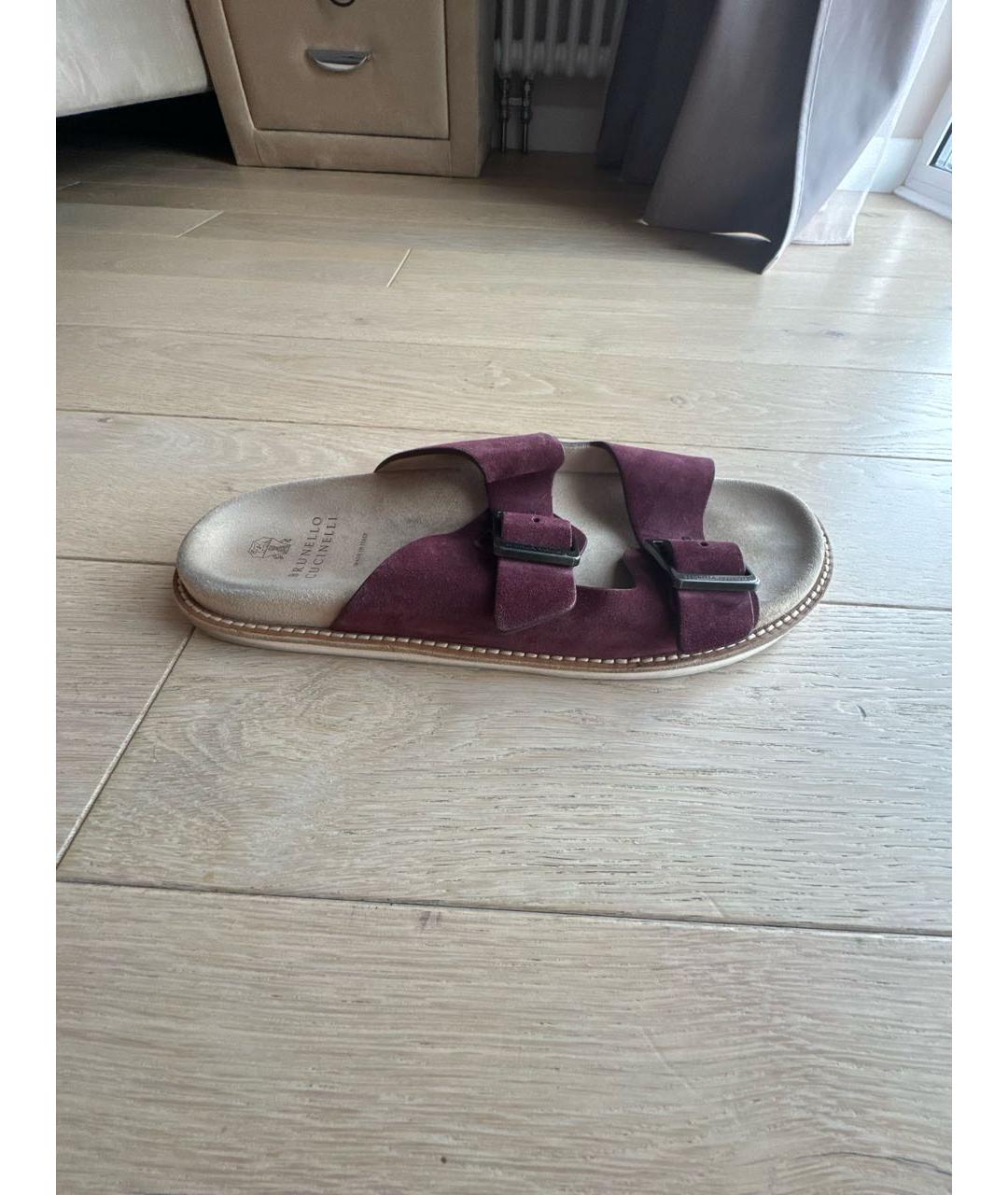 BRUNELLO CUCINELLI Бордовые замшевые шлепанцы, фото 5