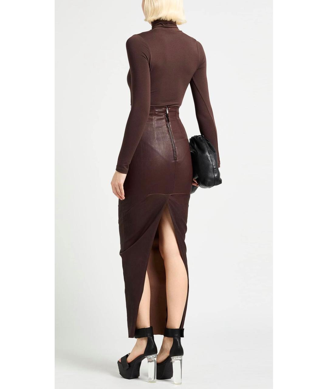 RICK OWENS Коричневая кожаная юбка миди, фото 3