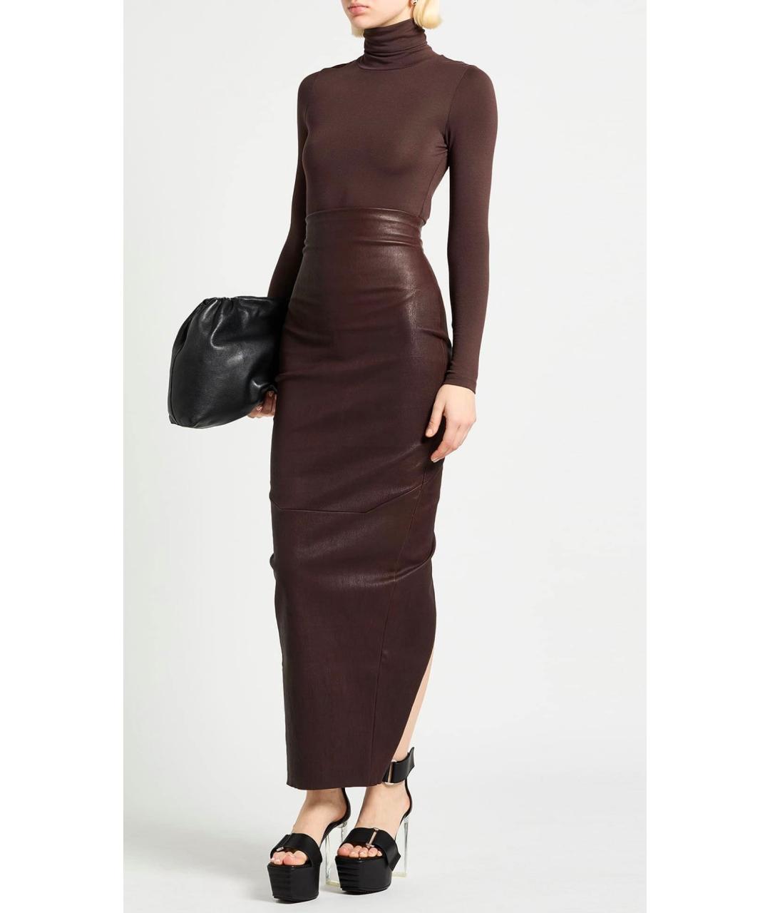 RICK OWENS Коричневая кожаная юбка миди, фото 2