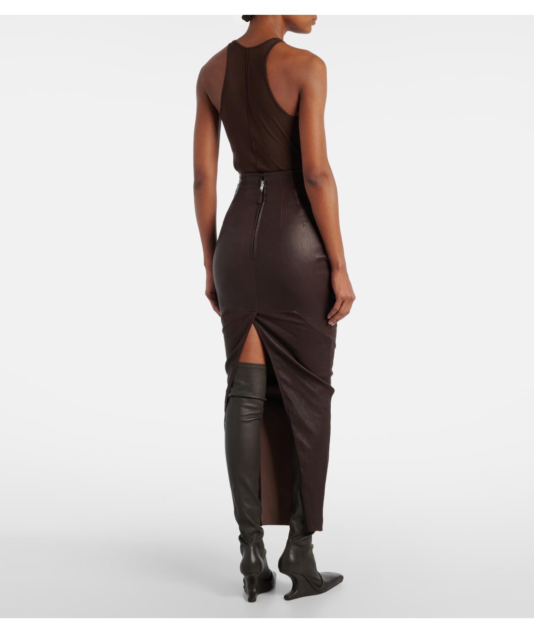 RICK OWENS Коричневая кожаная юбка миди, фото 5