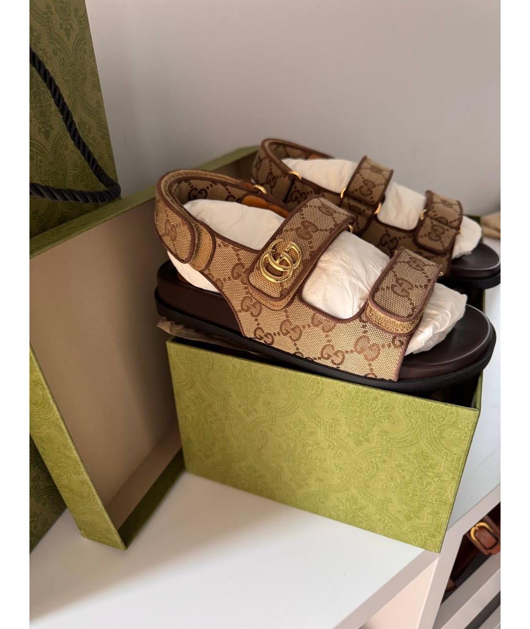 GUCCI Коричневые текстильные босоножки, фото 5