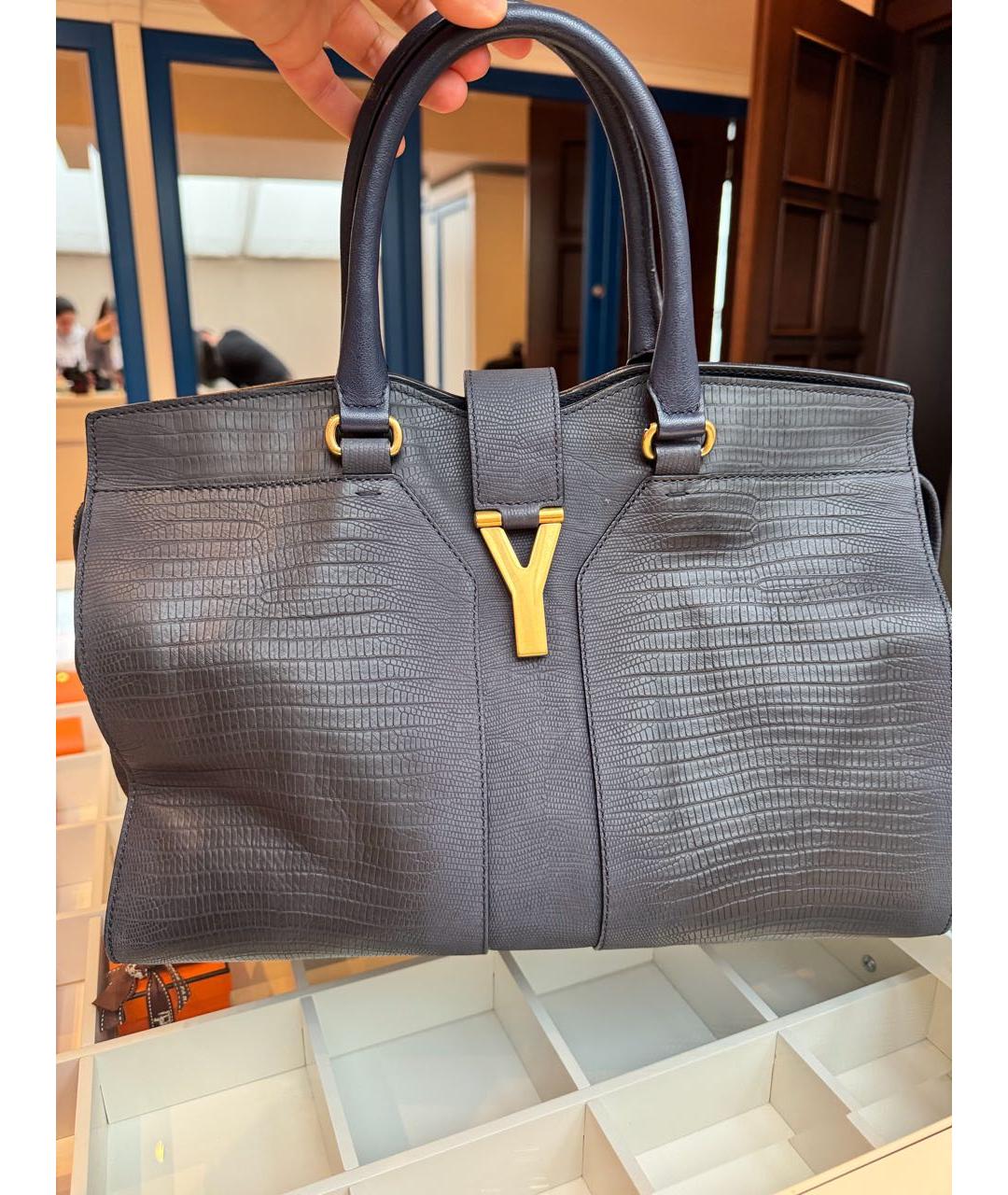 SAINT LAURENT Темно-синяя кожаная сумка с короткими ручками, фото 9