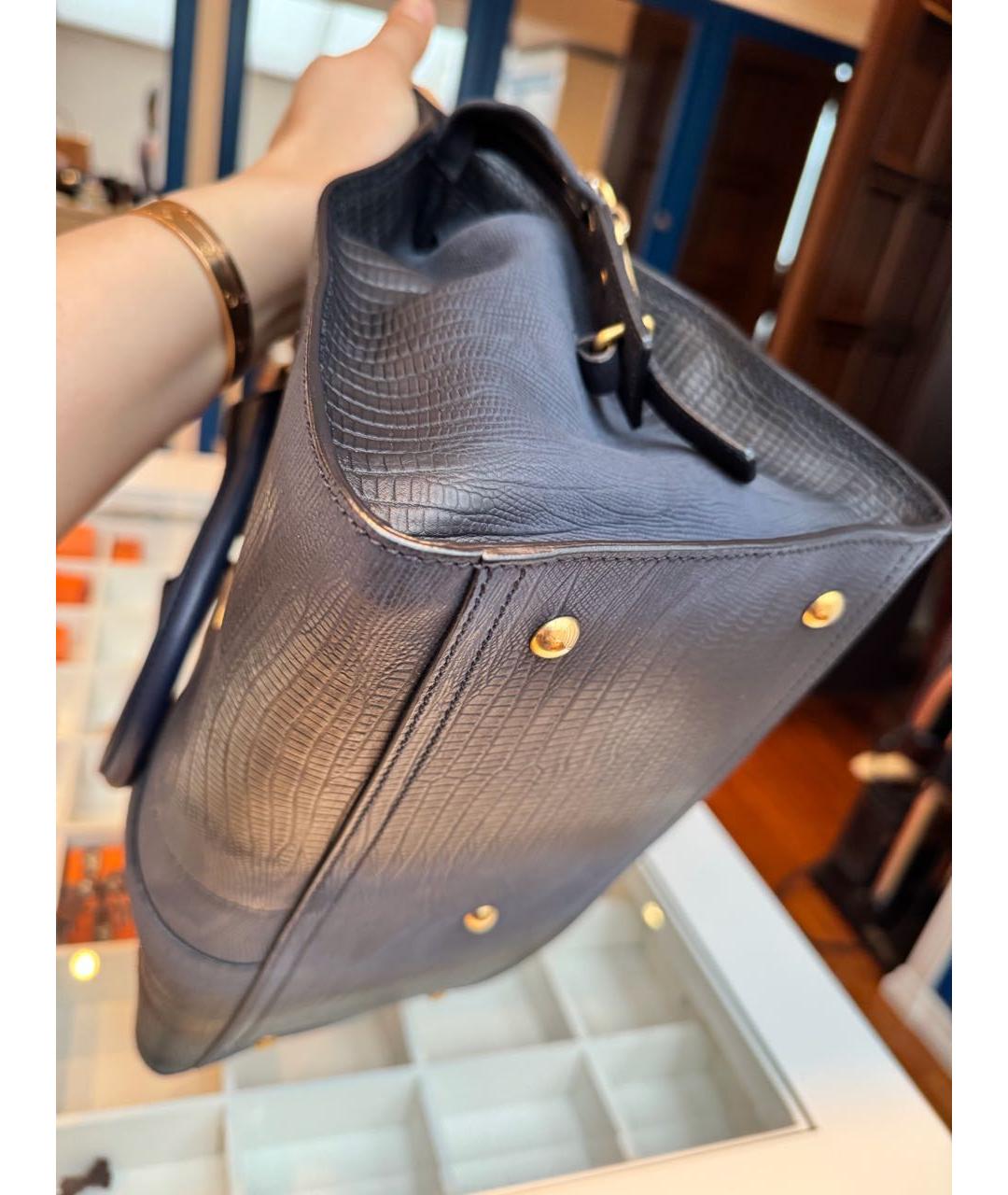 SAINT LAURENT Темно-синяя кожаная сумка с короткими ручками, фото 5