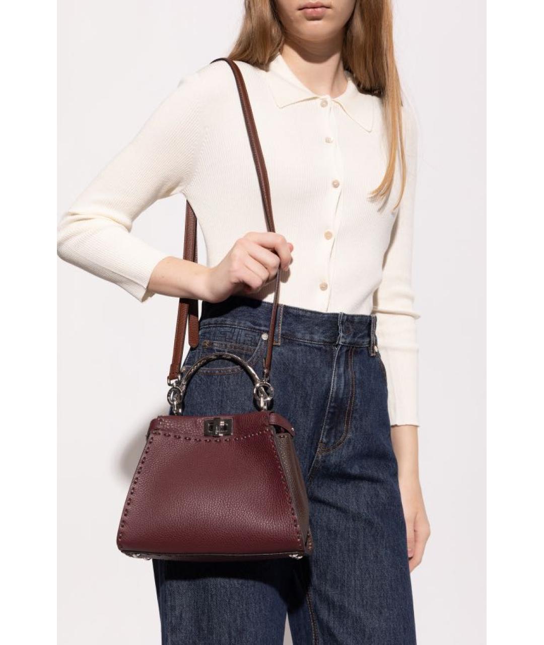 FENDI Бордовая кожаная сумка с короткими ручками, фото 8