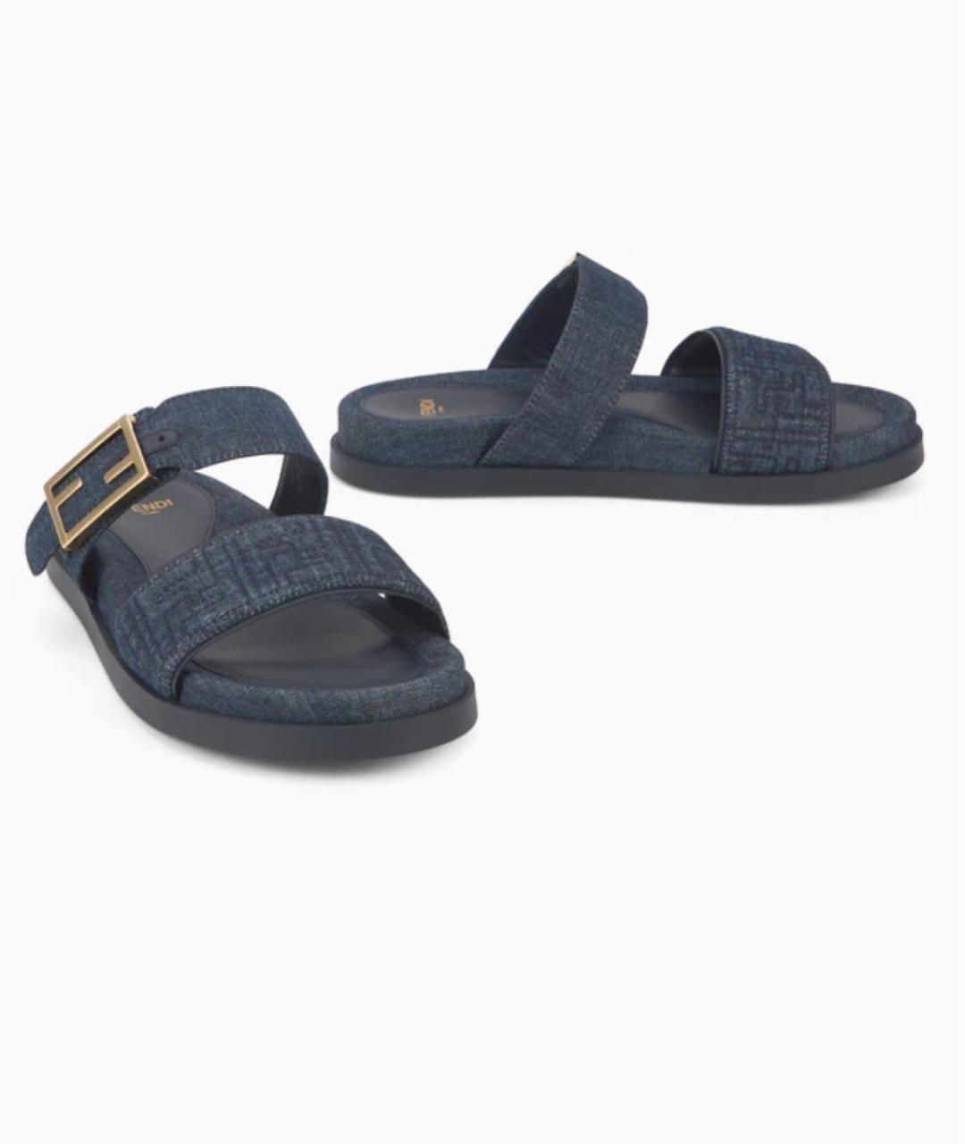 FENDI Темно-синие текстильные шлепанцы, фото 5