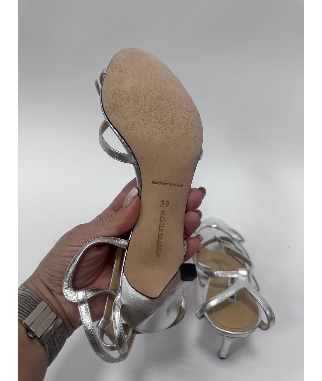 MANOLO BLAHNIK Серебряные кожаные босоножки, фото 5