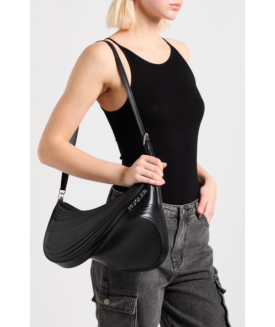 MUGLER Черная кожаная сумка через плечо, фото 3