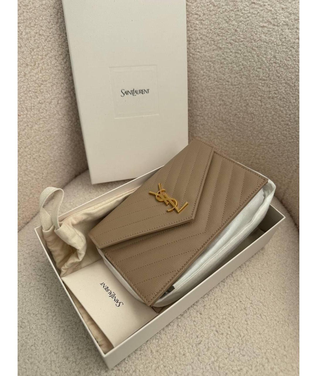 SAINT LAURENT Бежевый кожаный кошелек, фото 2