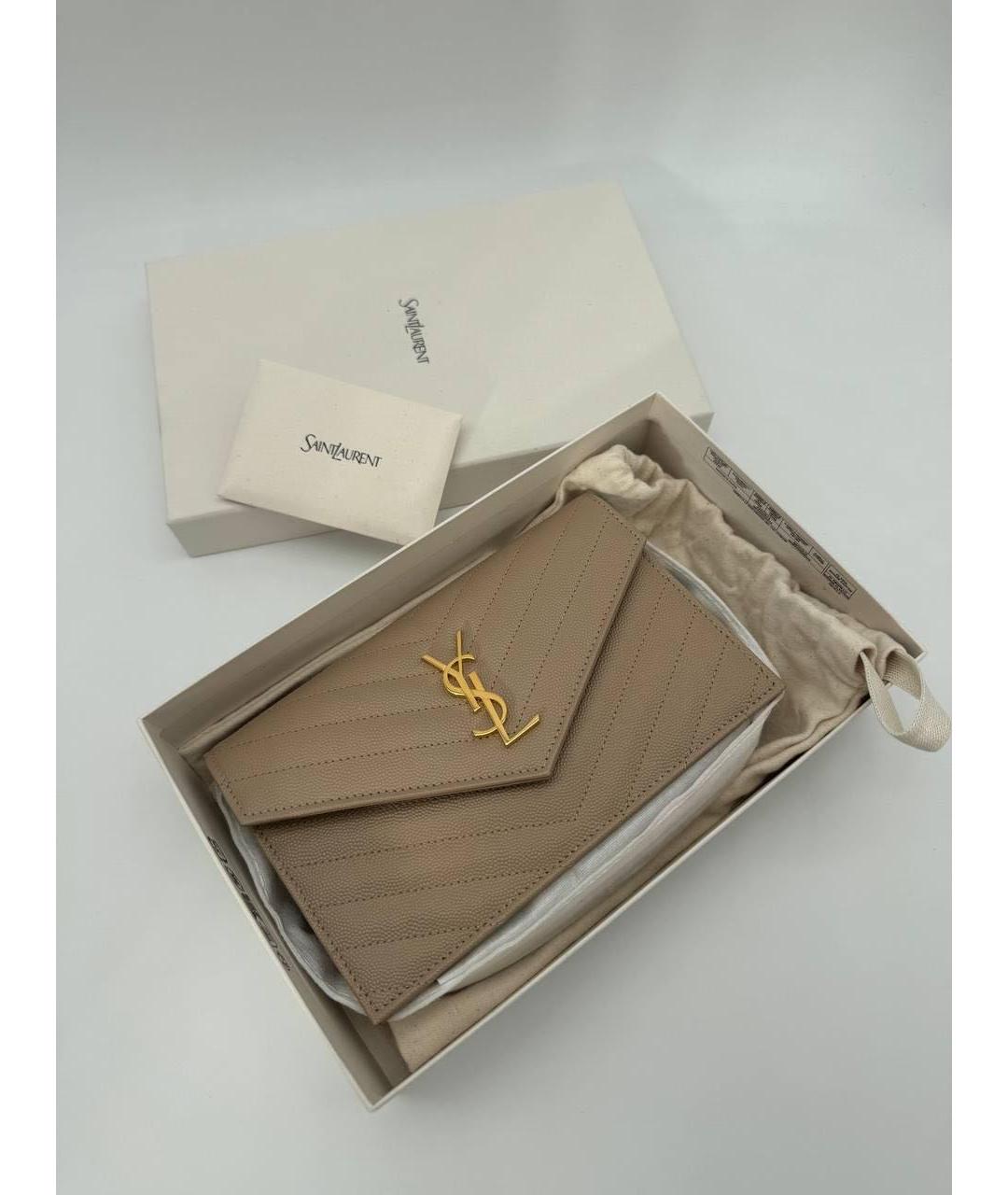 SAINT LAURENT Бежевый кожаный кошелек, фото 4