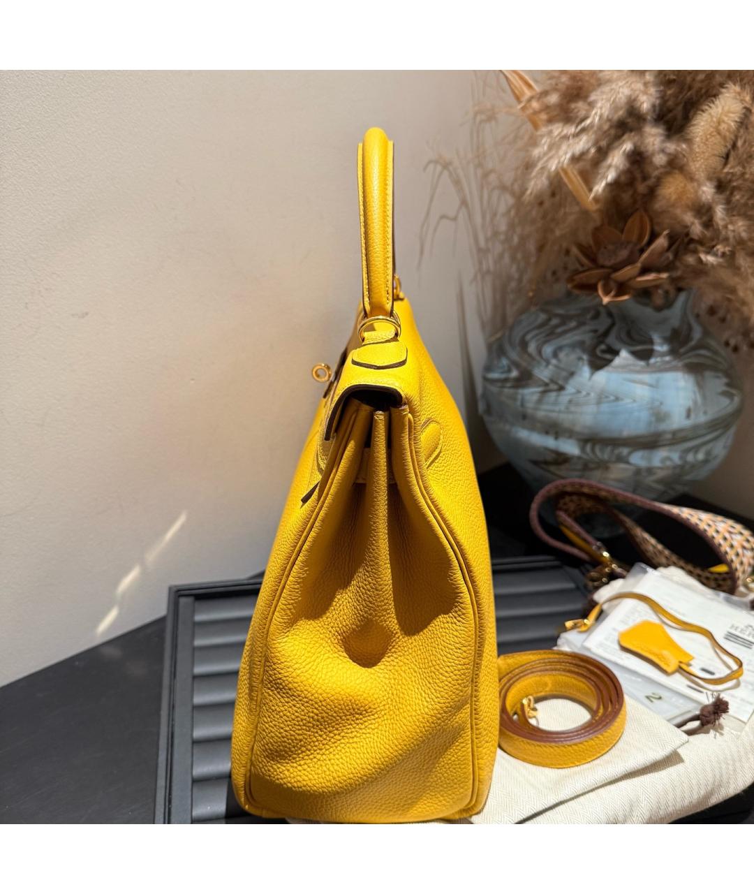 HERMES Желтая кожаная сумка с короткими ручками, фото 4